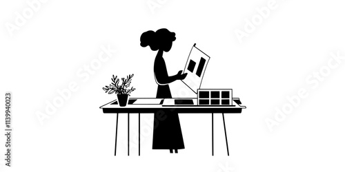 Person drying prints on a rack after completing a screen printing session, Illustration