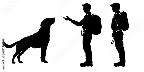 Person guiding a dog to identify a scent from multiple sources in a training environment, Illustration