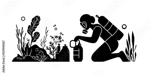 Person inspecting regulator and breathing apparatus before starting an underwater exploration, Illustration
