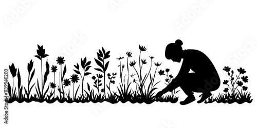 Person removing weeds to make space for native wildflowers in a garden, Illustration