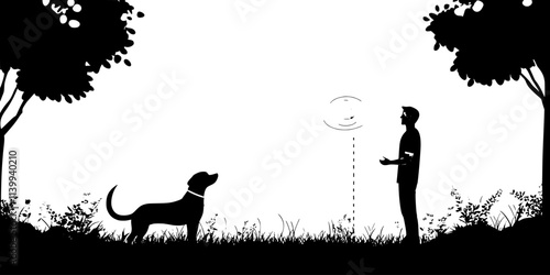 Person practicing recall by calling a dog from a distance in an open space, Illustration
