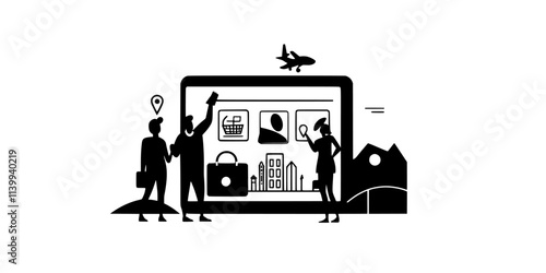 Person purchasing group tour tickets online for upcoming trip, Illustration