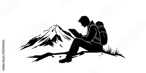 Person reading a topographic map to assess the route for a mountaineering trip, Illustration