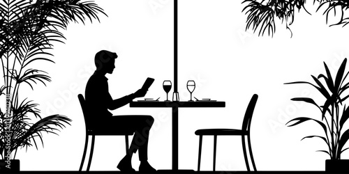 Person reserving a high-end restaurant table online for a vacation dining experience, Illustration