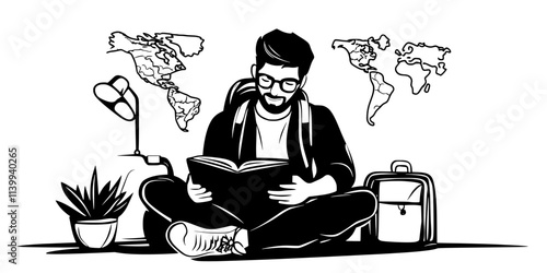 Person reviewing a guidebook while planning an economical travel itinerary, Illustration