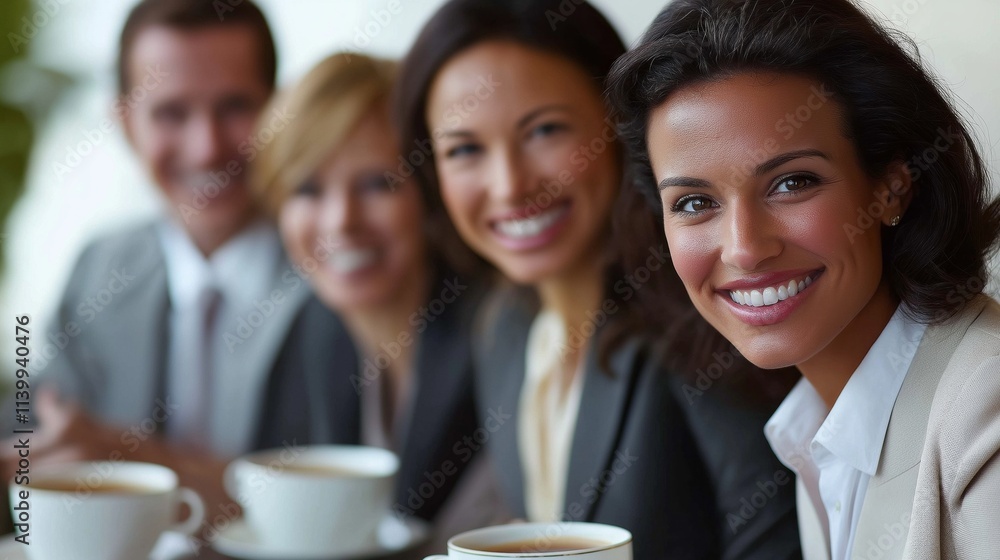 A woman with a smile on her face is sitting at a table with four other people A woman with a smile on her face is sitting at a table with four other people