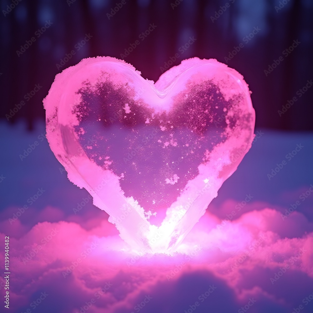 Glowing Pink Ice Heart in Winter Snow Glowing Pink Ice Heart in Winter Snow