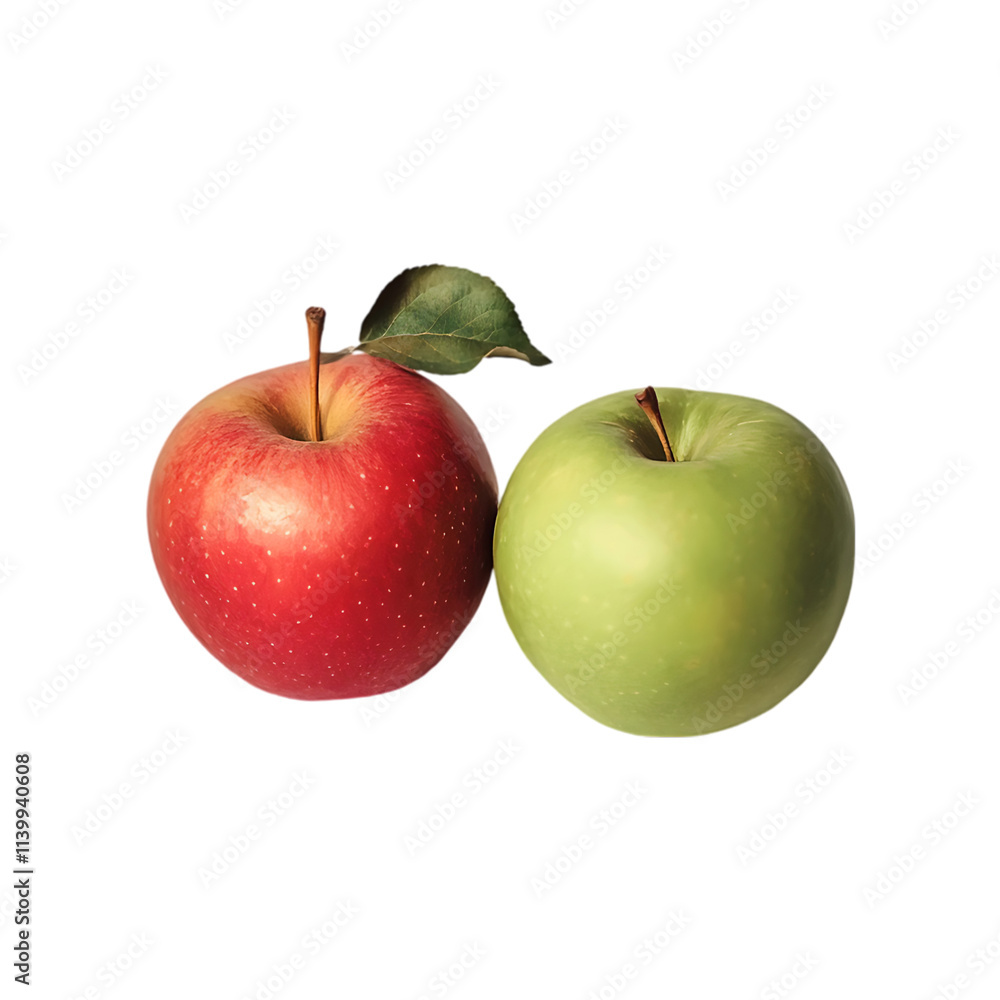 Fresh Two apple one red and the other green, with leaves on a transparent background. Fresh Two apple one red and the other green, with leaves on a transparent background.