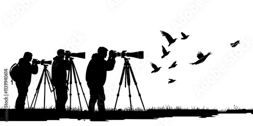Photographers setting up long lenses on tripods, preparing to capture birds from a safe distance, Illustration