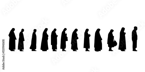 Pilgrims standing in line to offer prayers at a major religious shrine, Illustration