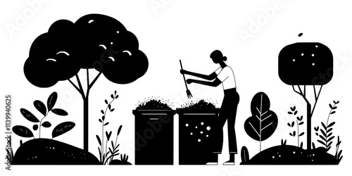 Person turning compost in a bin with a pitchfork in a backyard garden, Illustration