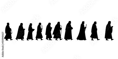 Pilgrims walking in procession toward a sacred site during a religious festival, Illustration