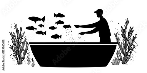 Person transferring fish fry into a grow-out tank for further development, Illustration