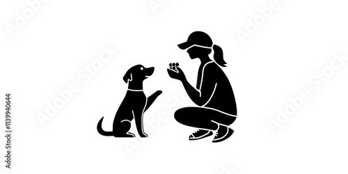 Person using treats to guide a dog into a bowing position for a trick, Illustration