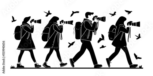 Photographers carrying gear to ideal birdwatching spots, seeking unique compositions, Illustration
