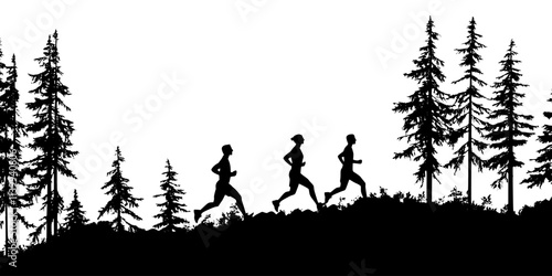 Runners navigating a rugged forest path during an outdoor trail race, Illustration