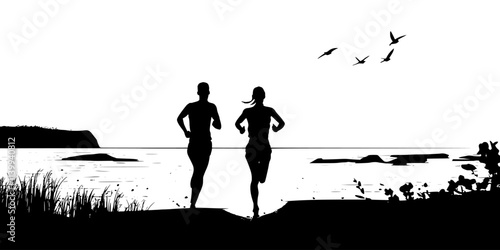 Runners practicing barefoot running on a sandy beach during sunset, Illustration