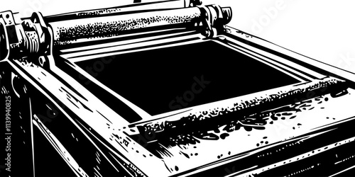 Screen printer positioning a screen on fabric before applying ink, Illustration