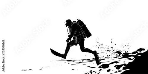 Scuba diver adjusting flippers before starting the descent for an underwater exploration, Illustration