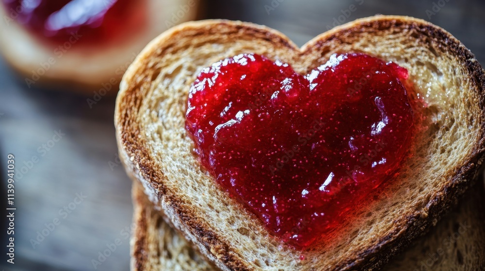 Obraz premium Artistic close-up of toast with a red heart-shaped jam in the center, symbolizing love and warmth