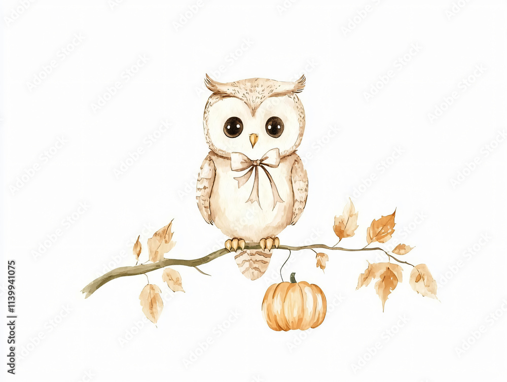 Fototapeta premium Watercolor cute Halloween owl sitting pumpkin ribbon hand-painted autumn illustration pumpkin leave spooky design decor orange clipart fall drawing cute tree forest ribbon nursery room children kids