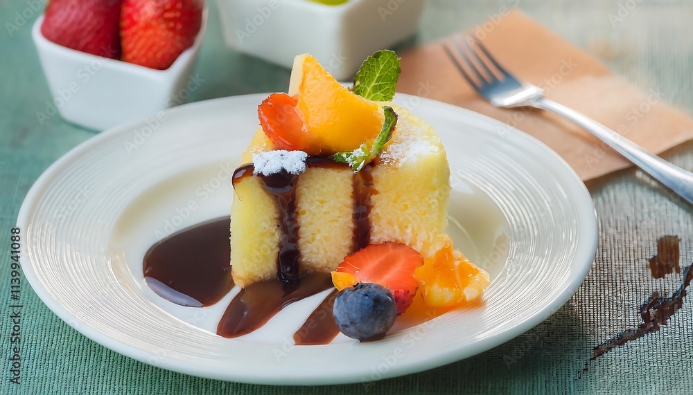 Butter cake with chocolate sauce and fresh fruit, delicious dessert Butter cake with chocolate sauce and fresh fruit, delicious dessert