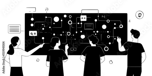 Several people concentrating on their next move while checking the board's overall progress, Illustration