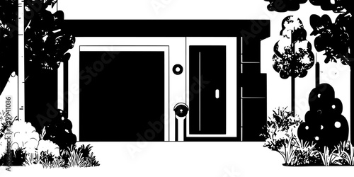 Smart security cameras monitoring the driveway and garage entrance from an outdoor perspective, Illustration