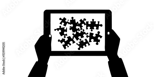 Someone arranging digital pieces in order to complete a puzzle challenge on-screen, Illustration