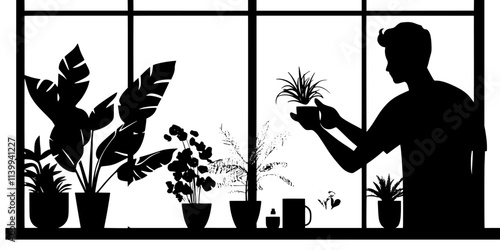 Someone dusting the leaves of indoor plants sitting on a windowsill inside a modern apartment, Illustration