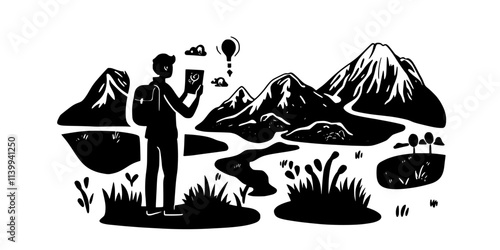 Someone guiding a character through a virtual landscape while completing quests and objectives, Illustration
