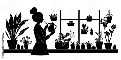 Someone misting succulents placed on a windowsill inside a bright living room, Illustration