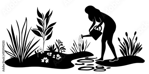Someone watering newly planted perennials near a stone pathway in a suburban yard, Illustration
