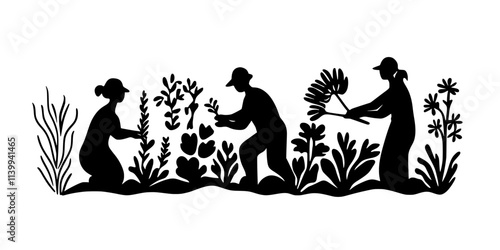 Team planting perennial crops to support a sustainable garden system in a yard, Illustration