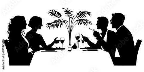 Tourists dining at a local restaurant while listening to explanations of the cuisine, Illustration