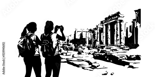 Tourists taking photographs of a historic ruin during a scheduled stop on a heritage tour, Illustration