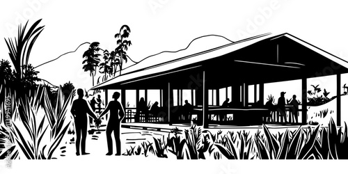 Tourists participating in workshops on organic farming at an eco-lodge, Illustration