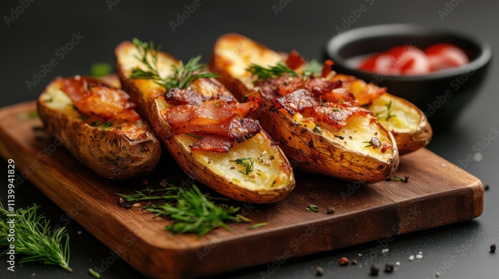 Roasted potato skins topped with crispy bacon and garnished with fresh herbs, served on a wooden board, offering a classic and hearty flavor experience. Roasted potato skins topped with crispy bacon and garnished with fresh herbs, served on a wooden board, offering a classic and hearty flavor experience.