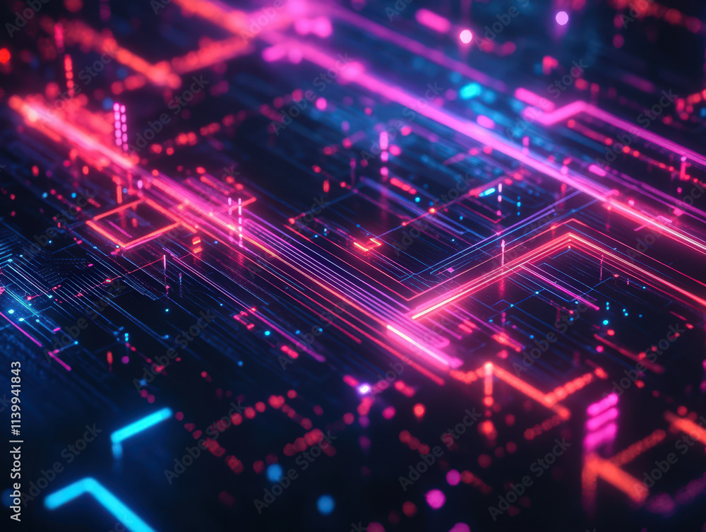 A colorful image of a computer chip with red, blue, and purple lines A colorful image of a computer chip with red, blue, and purple lines