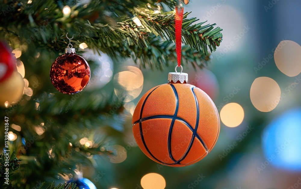 A festive ornament designed as a basketball with a miniature hoop detail, hanging from a colorful holiday tree A festive ornament designed as a basketball with a miniature hoop detail, hanging from a colorful holiday tree