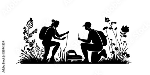 Travelers participating in nature conservation projects while staying at an eco-lodge, Illustration