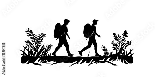 Two hikers navigating a dense forest while crossing a small creek, Illustration