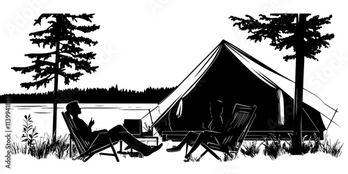Two campers relaxing outside a furnished tent in a designated glamping area, Illustration