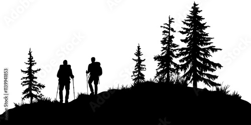 Two hikers trekking on a flat dirt trail with trees visible in the background, Illustration