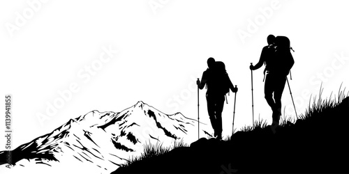 Two hikers walking up a steep mountain trail, carrying trekking poles, Illustration