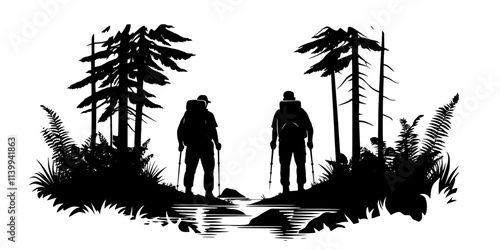 Two hikers navigating a dense forest while crossing a small creek, Illustration
