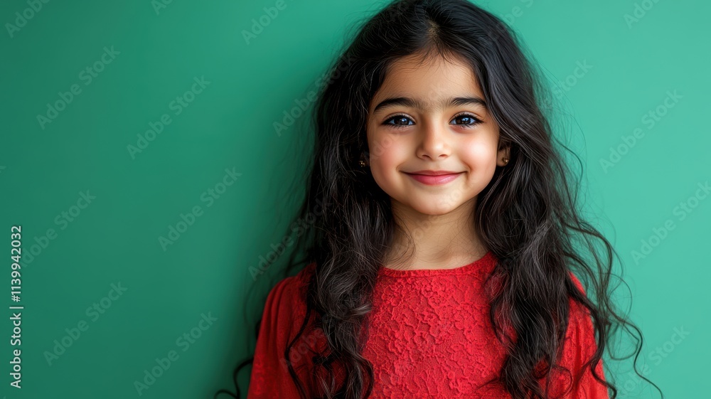 Fototapeta premium Cheerful young Middle Eastern girl with curly black hair in a bright red sweater standing against a solid green background
