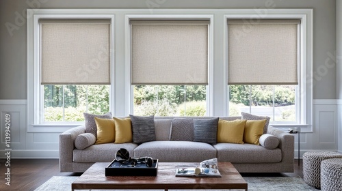 Modern living room with three windows and neutral toned roller shades