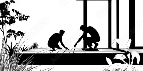 Two people installing a wooden deck adjacent to a garden space, Illustration
