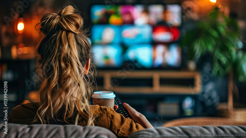 Relaxed Young Woman with Blonde Hair Watching TV on a Cozy Evening While Holding Coffee and Remote
